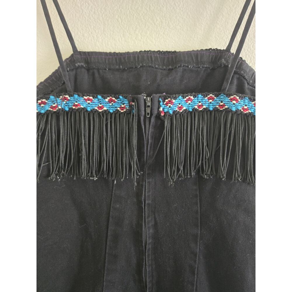 Vintage Y2k Womens Large Black Denim Fringe Beaded Festival Cowgirl Mini Dress - Picture 7 of 13